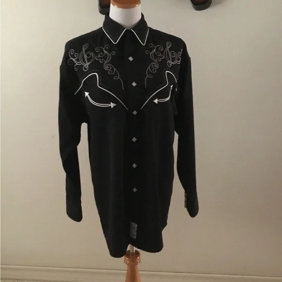 Panhandler Slim Western Wear Black Embroidered Pearl Diamond Snap Button Shirt - Picture 2 of 14